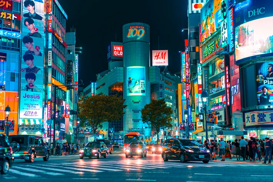 Shibuya crossing at night, Tokyo — the heart of Tokyo's vibrant nightlife and entertainment district