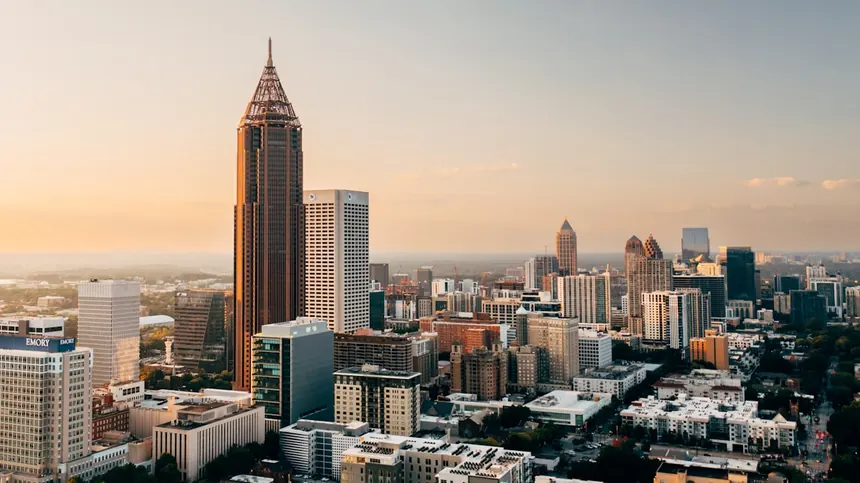 Atlanta cityscape at sunset — host city for the 2026 FIFA World Cup at Mercedes-Benz Stadium
